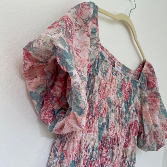 NWT LuLaRoe Alina Floral Smocked Puff Sleeve Nap Dress w Pockets | Pink Pastel - Picture 6 of 14